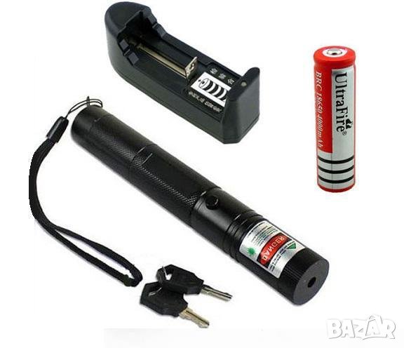 Мощен зелен лазер с заключване - акумулаторна батерия и зарядно, снимка 1