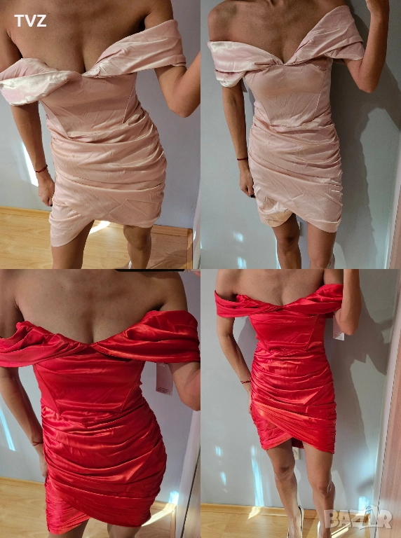 Рокля с паднали рамене в цвят шампанско и червен, снимка 1