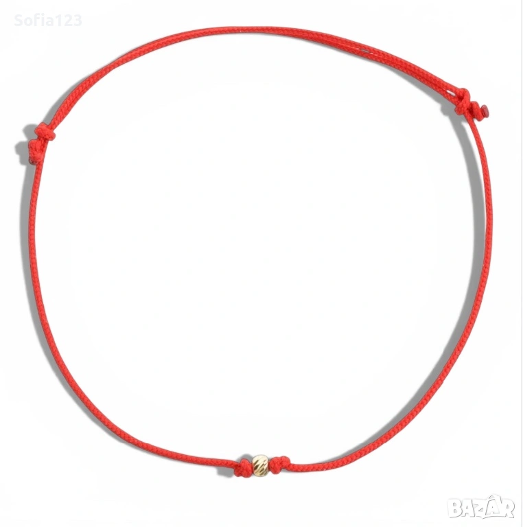 Гривна с червен конец и 14 К златно топче, снимка 1