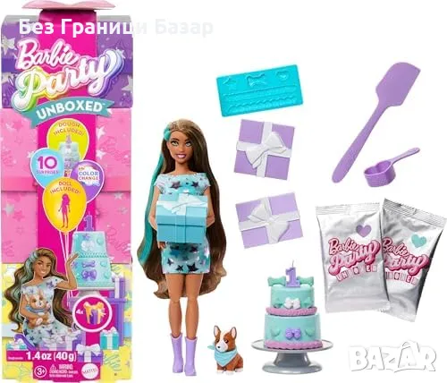Нова играчка Barbie кукла с торта и животинче – Party Stars сет с изненади, снимка 1