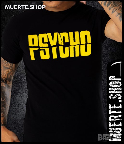 Черна тениска с щампа PSYCHI BY HITCHCOCK, снимка 1