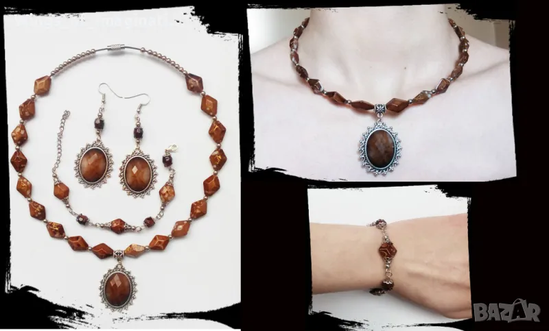 Комплект бижута със сребро 925, Ръчна изрботка, бежов цвят, снимка 1