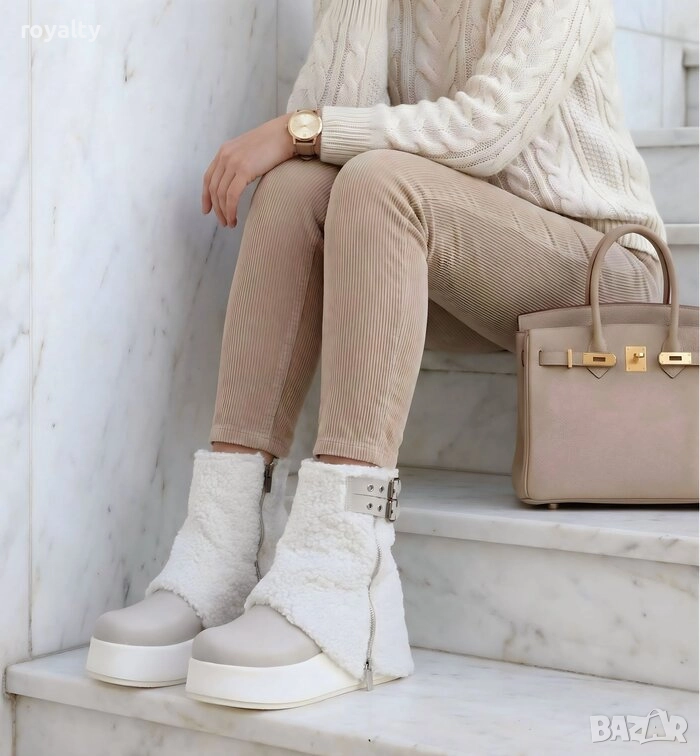 Боти на платформа - бежова кожа, снимка 1