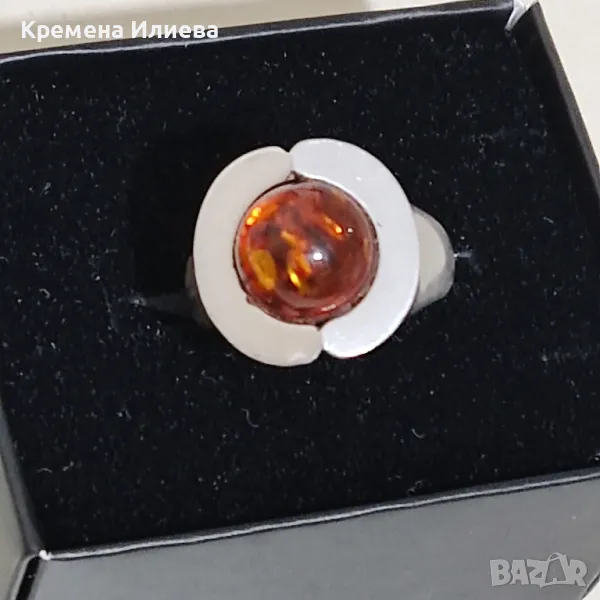 Сребърен пръстен с кехлибар , снимка 1