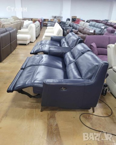 Комплект сини кожени дивани две тройки с електрически релакс механизъм, снимка 11 - Дивани и мека мебел - 41376557