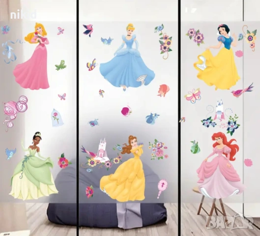 6 принцеси птички цветя самозалепващ стикер лепенка за стена мебел прозорец детска стая детски, снимка 2 - Други - 53740696