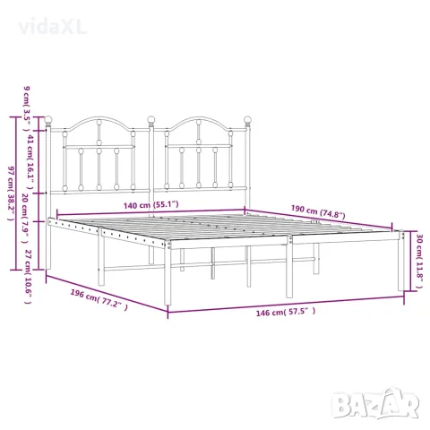 vidaXL Метална рамка за легло с горна табла, бяла, 140x190 см, снимка 9 - Спални и легла - 56147302