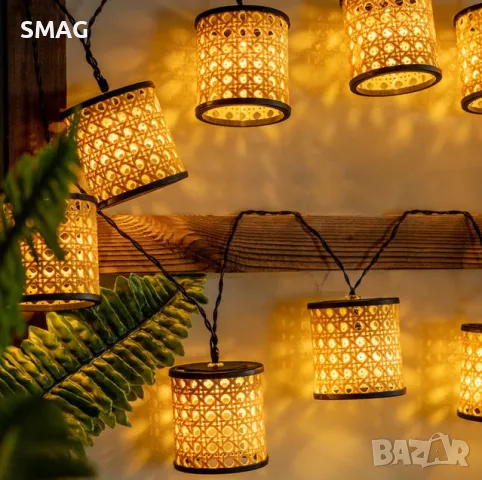 Соларен гирлянд с ратанови пластмасови фенери Топла бяла светлина 3,8 см - 10 бр. S_1220625