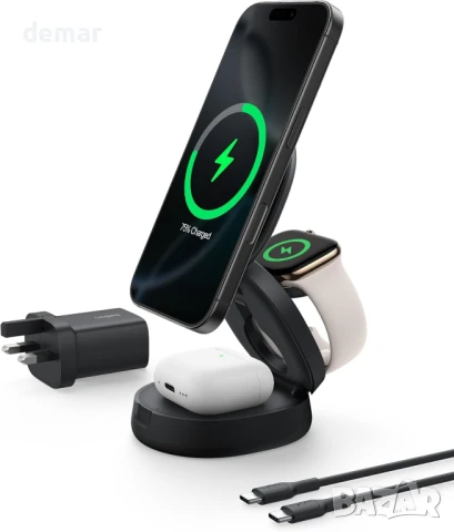 Зарядно устройство Belkin MagSafe, 3-в-1 безжична зарядна станция, Qi2