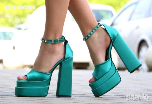Сандали на ток - зелен сатен - VS2