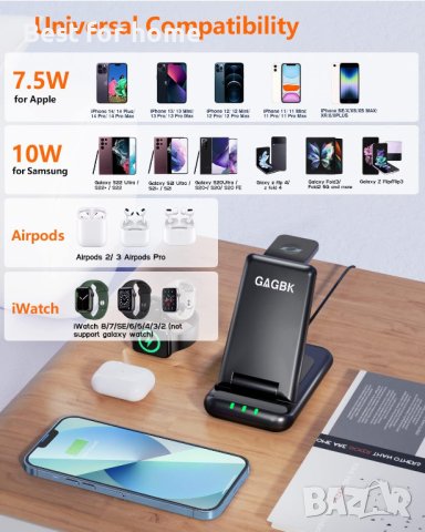 GAGBK Станция за безжично зареждане 3 в 1,съвместимо с iPhone,Apple Watch,Airpods, снимка 7 - Безжични зарядни - 41912465