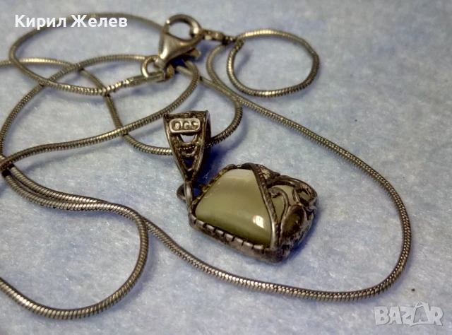 РЕТРО АРТ СРЕБЪРЕН ПЕНДАНТ СРЕБРО 800 с БЯЛО КОТЕШКО ОКО и СРЕБЪРНА 925 ВЕРИЖКА с БЯЛА ПОЗЛАТА 49761, снимка 3 - Антикварни и старинни предмети - 50489422