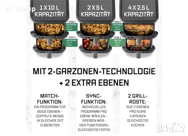 ВЕРТИКАЛЕН ФРИТЮРНИК С ГОРЕЩ ВЪЗДУХ(Еър фрайр) GOURMETmaxx FryUp -10л !2800W !, снимка 4 - Уреди за готвене на пара - 55965088
