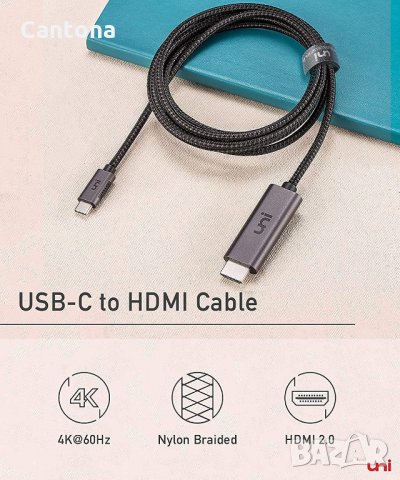 uni USB C към HDMI кабел (4K @ 60Hz), USB Type C Thunderbolt 3 към HDMI кабел -100 см, снимка 2 - Други - 35677857