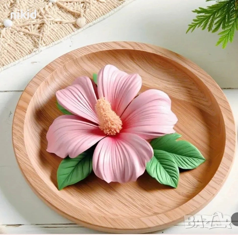 Китайска роза Каркаде Хибискус с листа силиконов молд форма фондан шоколад гипс декор, снимка 3 - Форми - 50146534