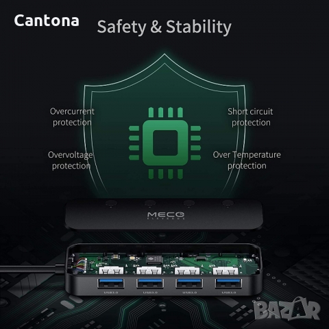 MECO 4-портов USB 3.0 хъб, USB хъб за данни с индивидуални LED превключватели, ултра тънък, снимка 5 - Други - 36040078