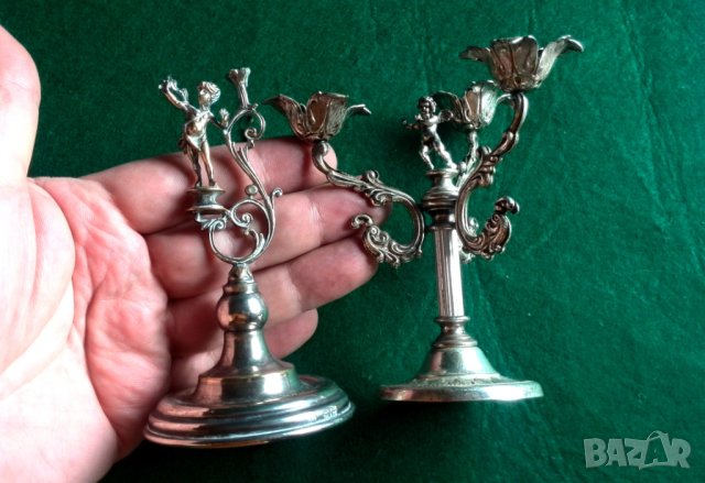 Миниатюрни стари посребрени свещници със херувим -ангел, снимка 3 - Колекции - 44291266