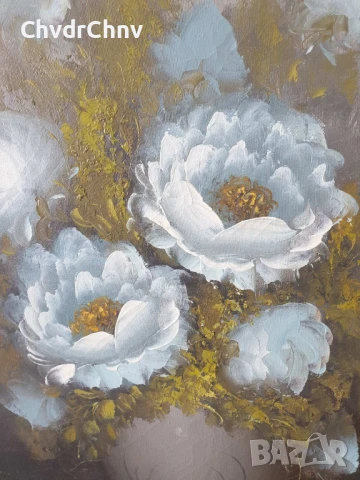 66х57см/стара картина масло върху платно/натюрморт ваза с цветя/дървена рамка, снимка 3 - Картини - 51344971