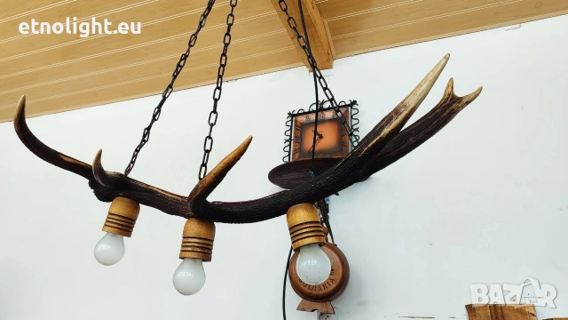 Ръчно изработени полилеи от паднали еленови рога с ръчно изработени дървени чашки , снимка 2 - Полилеи - 53441754