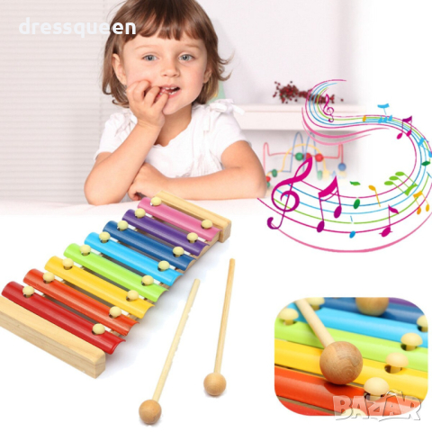 3538 Цветен дървен детски ксилофон с две чукчета