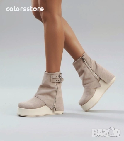 Боти на платформа - бежов велур - DMG25 