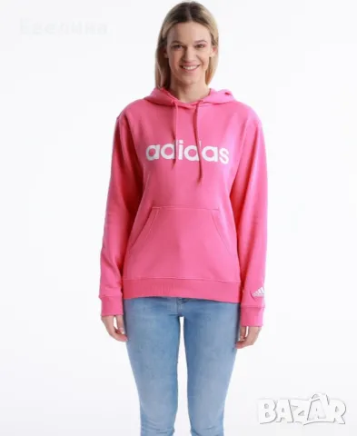 Памучен дамски суичър Adidas розов с качулка с принт, L размер, снимка 6 - Суичъри - 49863096