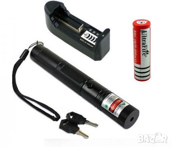Мощен зелен лазер с заключване - акумулаторна батерия и зарядно