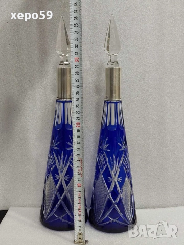  Прекрасни кристални бутилки за ликьор със сребърни гривни''Бохемия кристал-1900 год.сребро 800, снимка 3 - Сервизи - 52815053