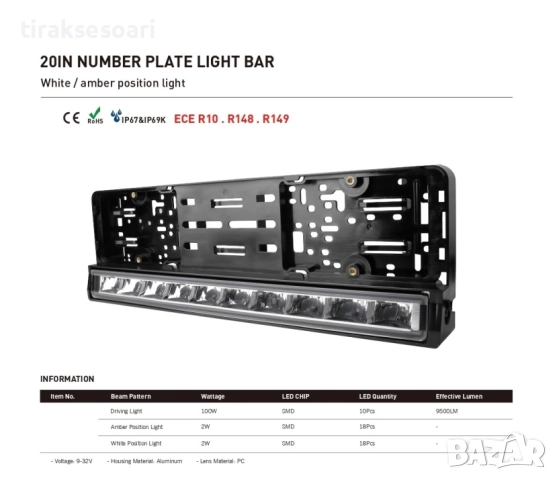 Рамка за Номер с Вграден LED Бар 20" 100W – Бяла/Оранжева Габаритна Светлина, снимка 2 - Аксесоари и консумативи - 52790060