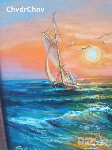 Димитър Генев 33x27см/малка българска картина масло върху платно/морски пейзаж/лодка-залез, снимка 5 - Картини - 51153029