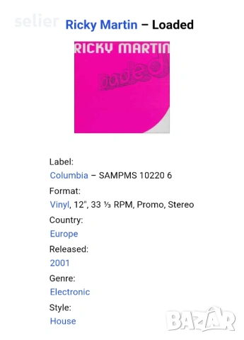 Ricky Martin ‎– Loaded Maxi Single 12  Издание на COLUMBIA 2001 г  PROMO издание   Състояние на вини, снимка 5 - Грамофонни плочи - 53273794