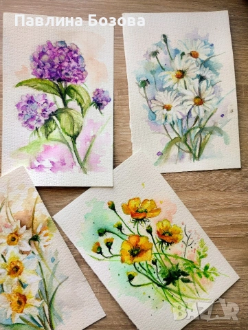 Цветя картини Акварели , снимка 2 - Картини - 53120558