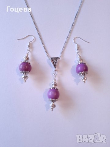 Великолепен комплект бижута обеци и колие с лилав Тюркоаз и орнаменти цвят сребро , снимка 5 - Бижутерийни комплекти - 41759059