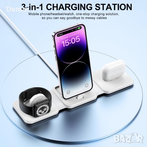 3-в-1 сгъваемо безжично зарядно Air Pods, iWatch, iPhone, Apple, снимка 6 - Безжични зарядни - 41866515