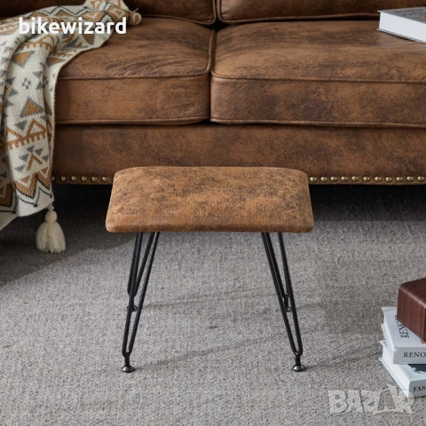 Табуретка с рустикални метални крака и подплатена седалка, 40x30x35 см - винтидж кафява НОВА, снимка 4 - Столове - 53639790