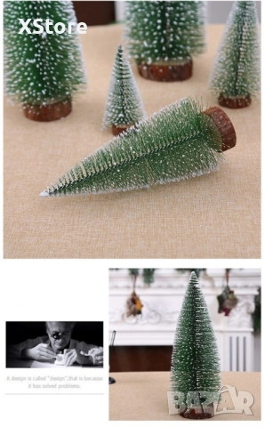 Миниатюрна декоративна изкуствена елха с поставка от дървено пънче, снимка 2 - Декорация за дома - 52439606