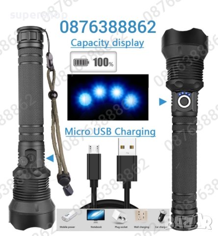 ПРОМО! Мощен Лед фенер 900000W POLICE 24см,USB, Акумулаторен, Зуум, Водоустойчив, снимка 2 - Екипировка - 41764132