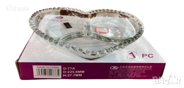 Стъклена чиния ордьовър сърце с 3 отделения