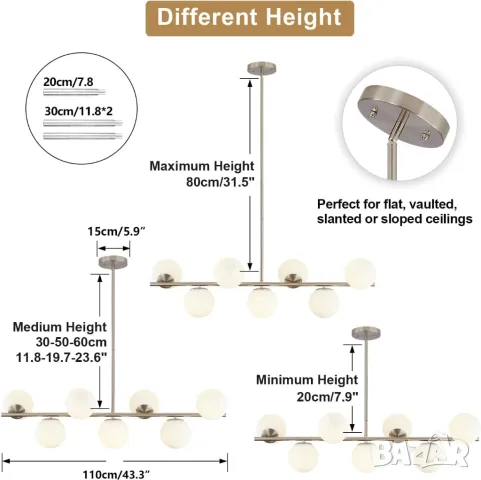 Модерен сребрист Висящ полилей с бял глобус осветление за (сребро), снимка 5 - Лампи за таван - 48969030