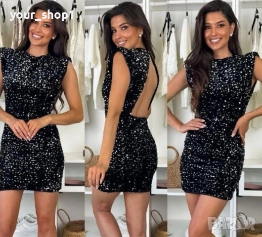 Елегантна къса рокля с пайети и ефектен гол гръб черно златно , снимка 6 - Рокли - 52682851