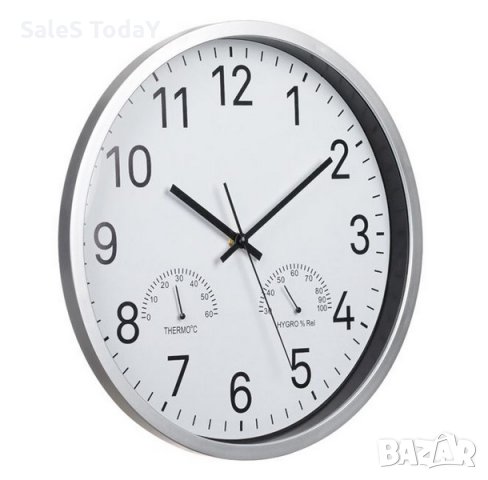 Стенен часовник, Сребрист, 3 Показания на час, температура и влажност,, 34 x 4.5 cm, снимка 2 - Стенни часовници - 35799887