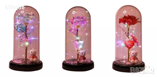 Романтична стъкленица с роза, мече и LED светлини, снимка 2 - Подаръци за жени - 52744090