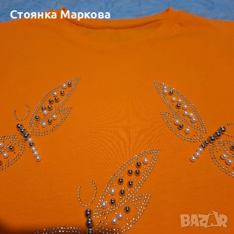 Нова оранжева блузка с водни кончета, снимка 2 - Тениски - 51053221