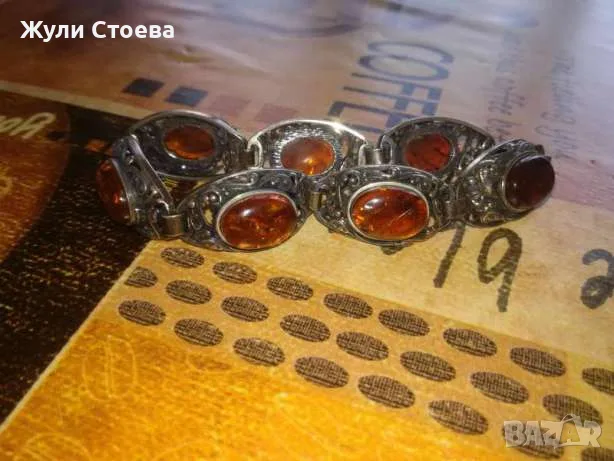 Масивна сребърна гривна с естествен кехлибар, снимка 4 - Гривни - 56231480