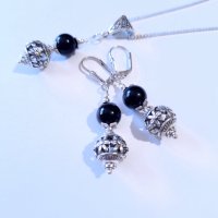 Разкошният ни нов комплект с камъни Черен диамант и фини филигранни орнаменти в цвят сребро , снимка 7 - Бижутерийни комплекти - 41819158