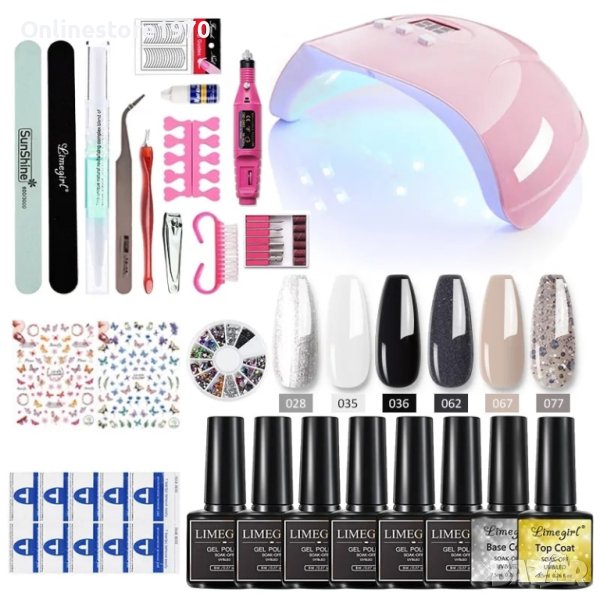 Пълен комплект за маникюр, UV лампа , 6 цвята , 2 гел лака за изграждане и инструменти+ Бонус пила, снимка 1