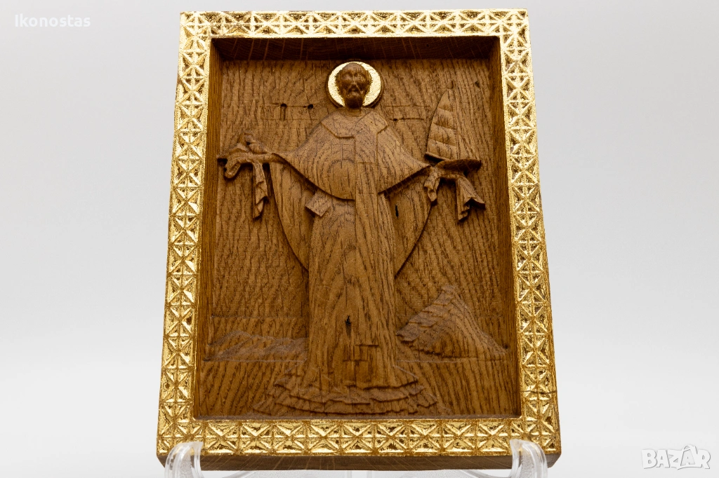 Релефна икона на Свети Николай Чудотворец с кораб – позлатена, снимка 1