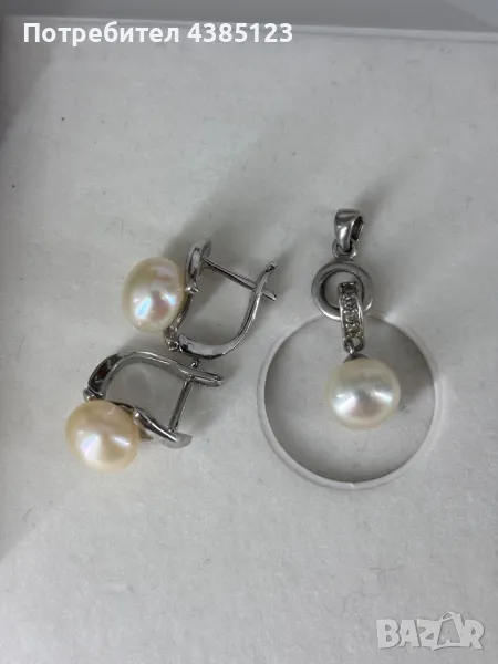 Сребърни обеци с перли и висулка, снимка 1
