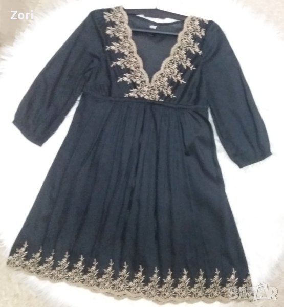 Черна рокля-туника с бежово-златиста бродерия, снимка 1