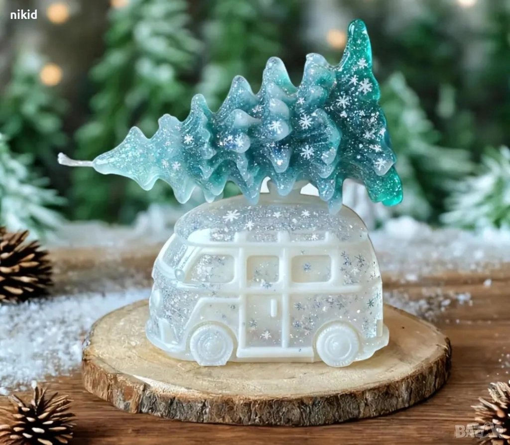 3D сет Коледни Автобус и елха силиконов молд форма фондан шоколад гипс свещ смола декор, снимка 1